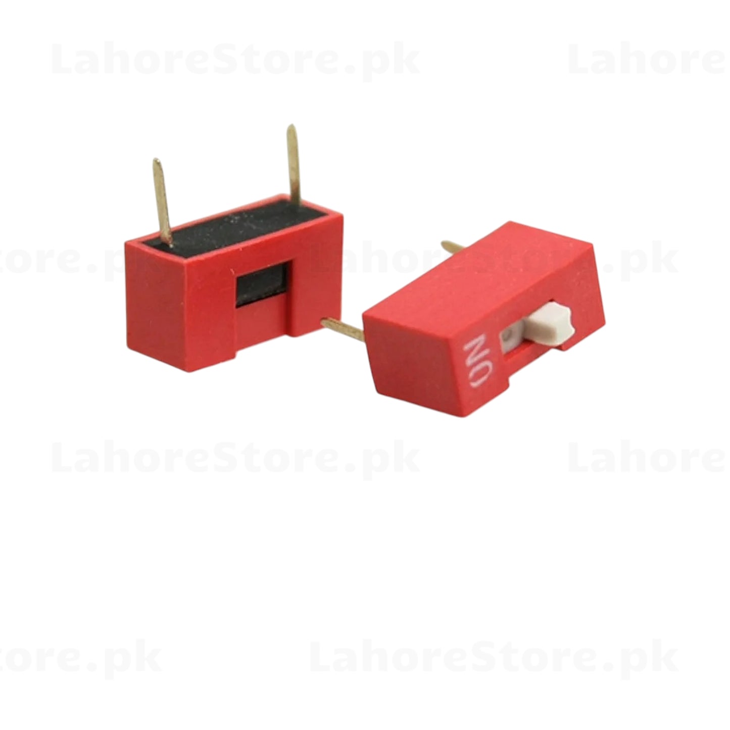 Two 1-position DIP switches SPST showing front and side views with through-hole pins