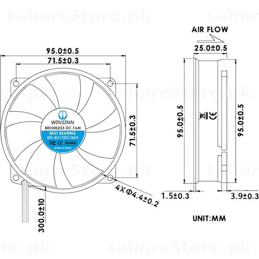 WINSINN 90mm fan dimensional drawing and specifications
