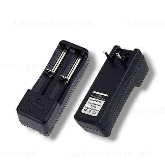 HPS-D02 Dual Slot Li-ion Battery Charger front and back view with AC plug and label