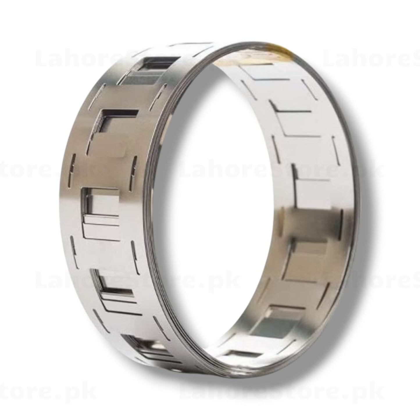 Perforated nickel plated steel strip roll coiled showing uniform slotted pattern for 18650 battery spot welding and DIY battery pack assembly