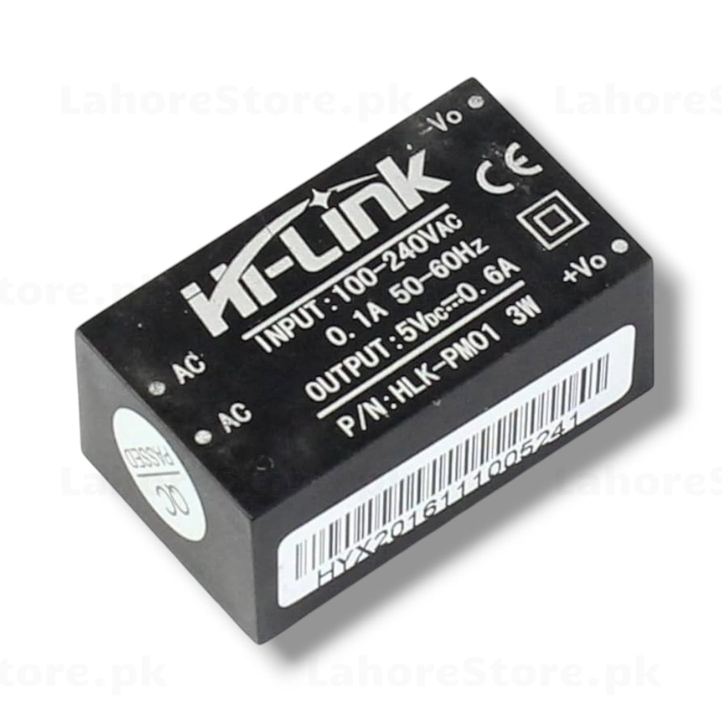 Hi-Link HLK-PM01 AC-DC power supply module showing 100-240VAC input 5V 600mA 3W output specifications CE certification and AC plus minus Vo pin labels on black epoxy housing