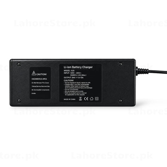 MeiDe X20 Li-Ion Battery Charger bottom label showing 84V 8-10A output specs