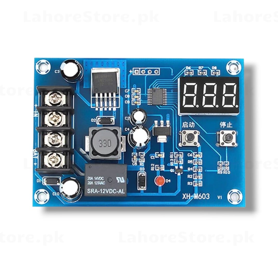 XH-M603 Battery Charging Control Module with LED display, relay and screw terminals top view