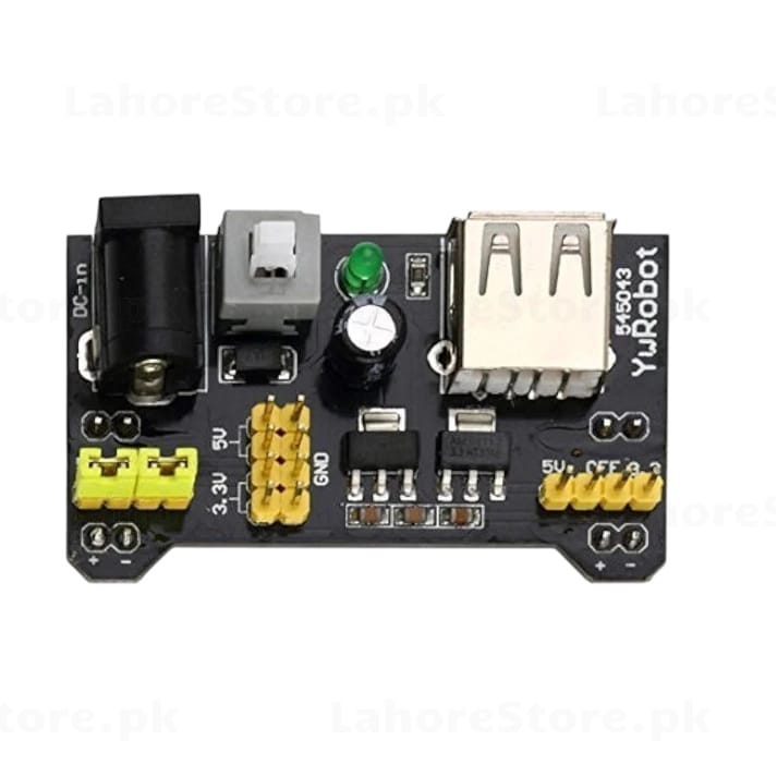 YwRobot MB102 Breadboard Power Supply Module black PCB with USB-A output and toggle switch