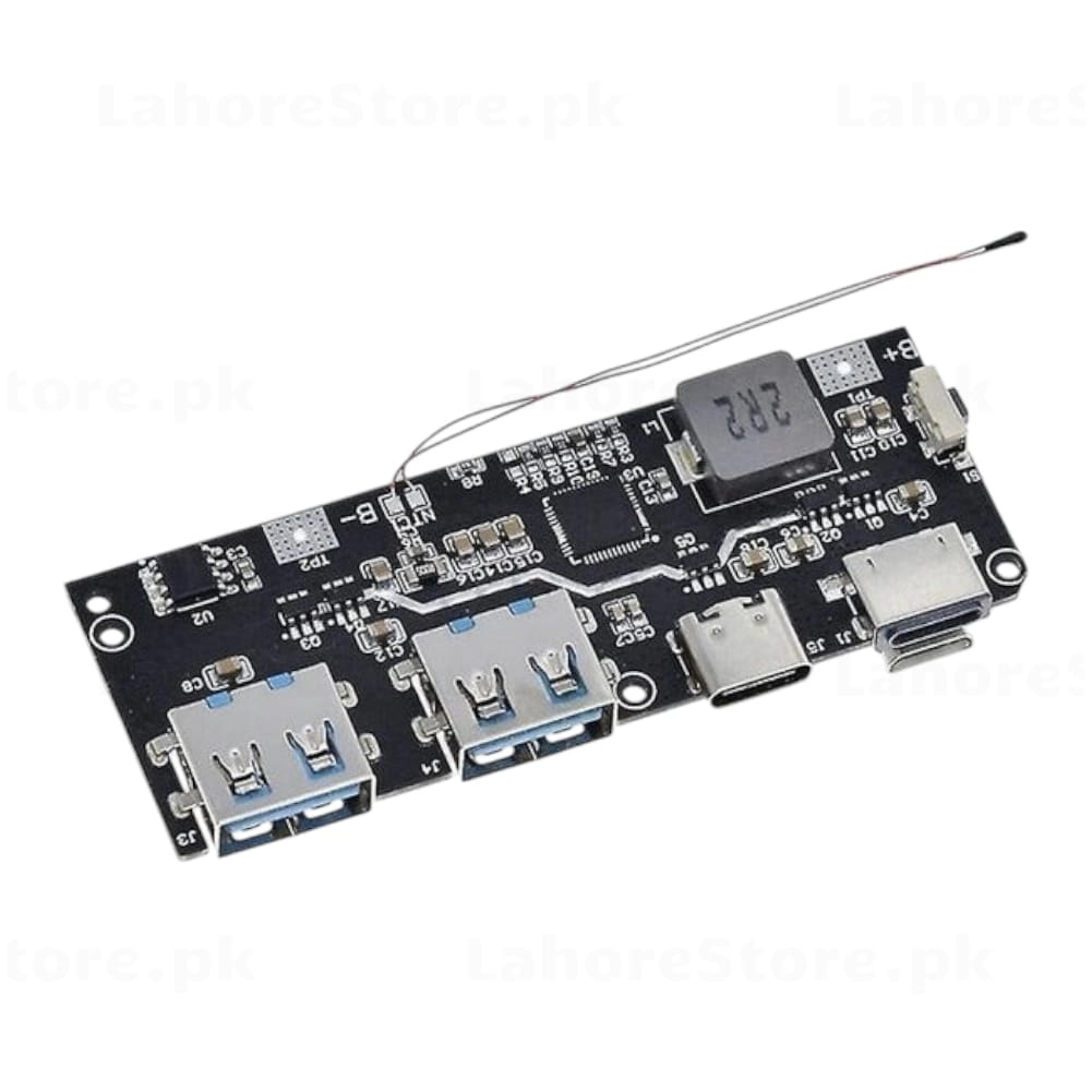 Power Bank PCB Module angled view showing USB-C output Micro USB input dual USB-A ports and boost converter circuit