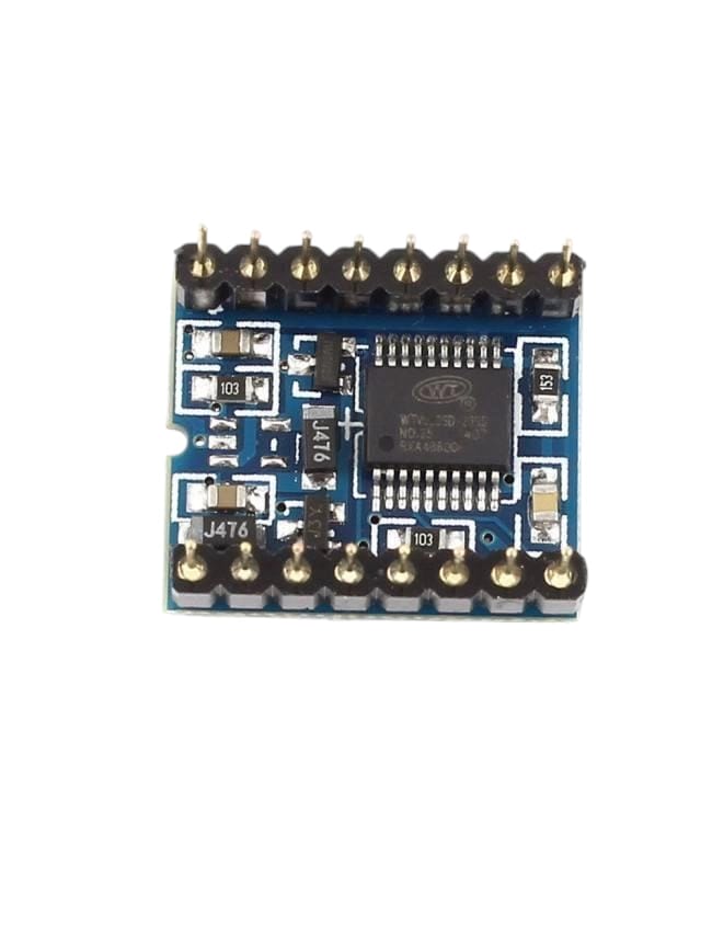 WTV020M01 audio module bottom view showing WTV020 SMD IC and passive components on blue PCB