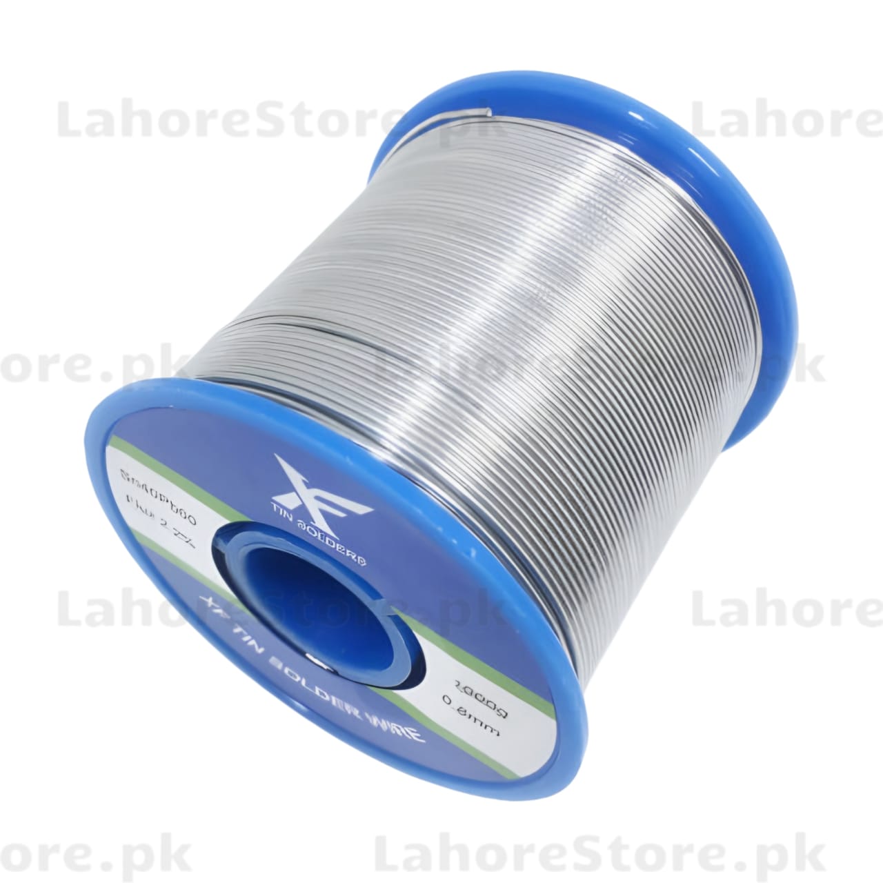 Spool of solder wire with blue casing on a white background