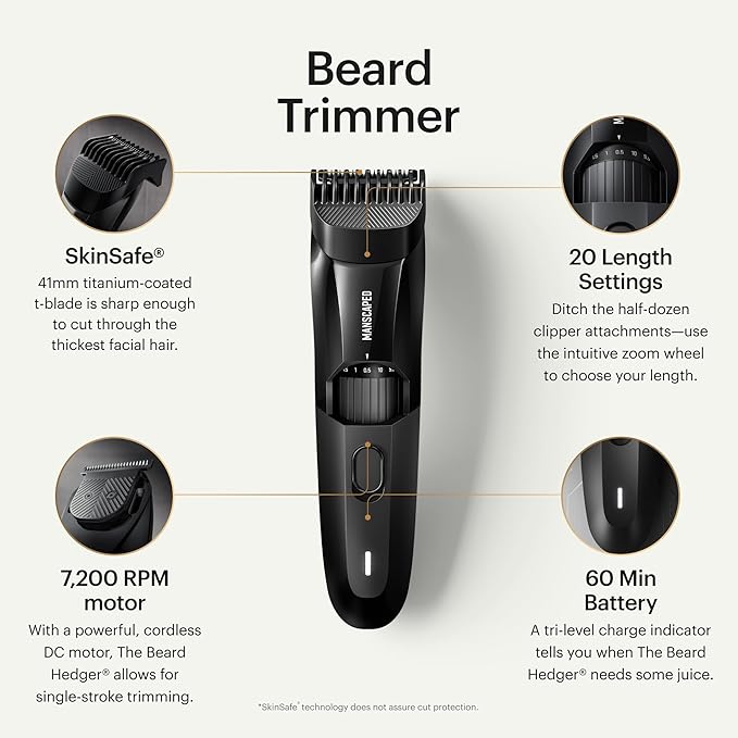 MANSCAPED® The Beard Hedger® | Premium Beard Trimmer with 20 Adjustable Lengths, Stainless Steel T-Blade, Waterproof Cordless Clipper (refurb)