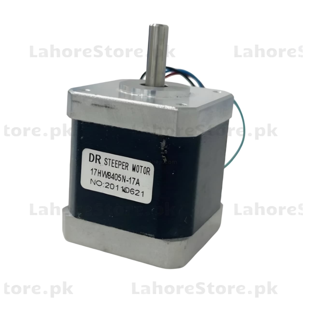 Stepper motor with a label on a white background