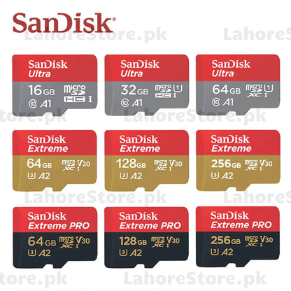 Set of SanDisk microSD cards in various capacities with Ultra, Extreme, and Extreme Pro labels.