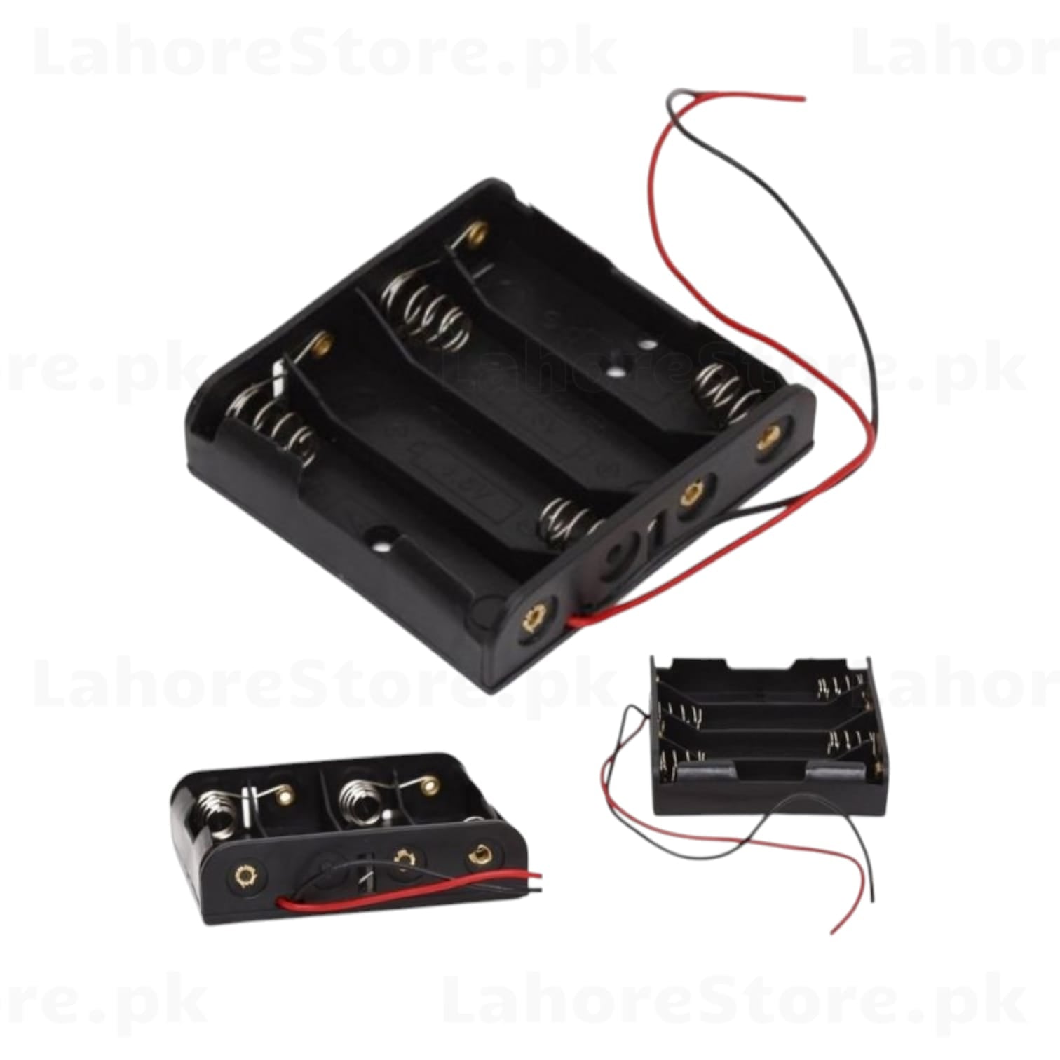 4xAA battery holder angled view showing spring contacts and wire leads