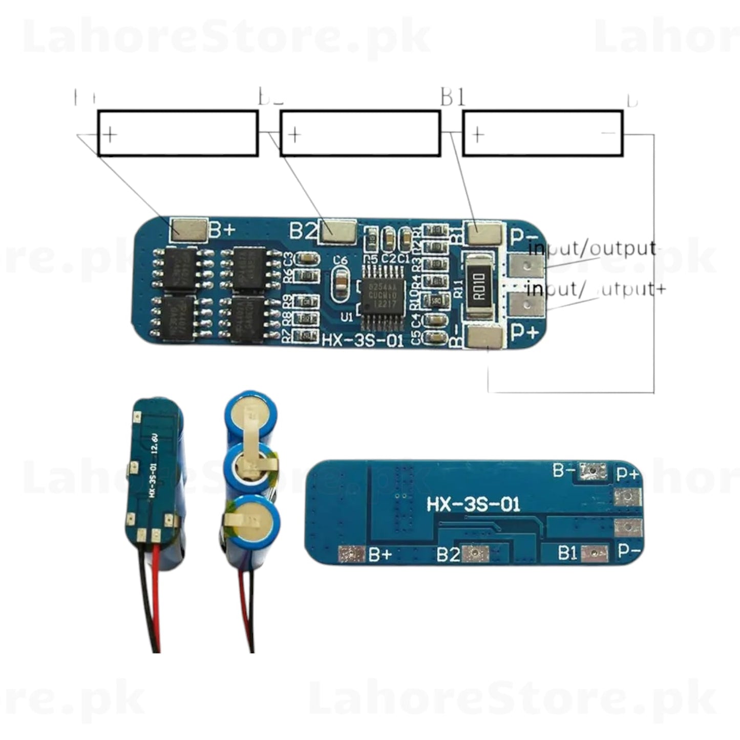 HX-3S-01 3S BMS board with wiring diagram and 18650 cells