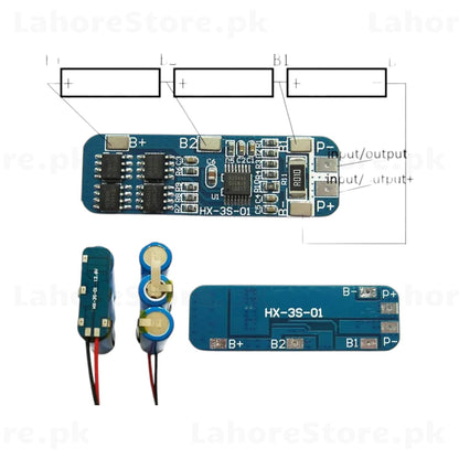 HX-3S-01 3S BMS board with wiring diagram and 18650 cells