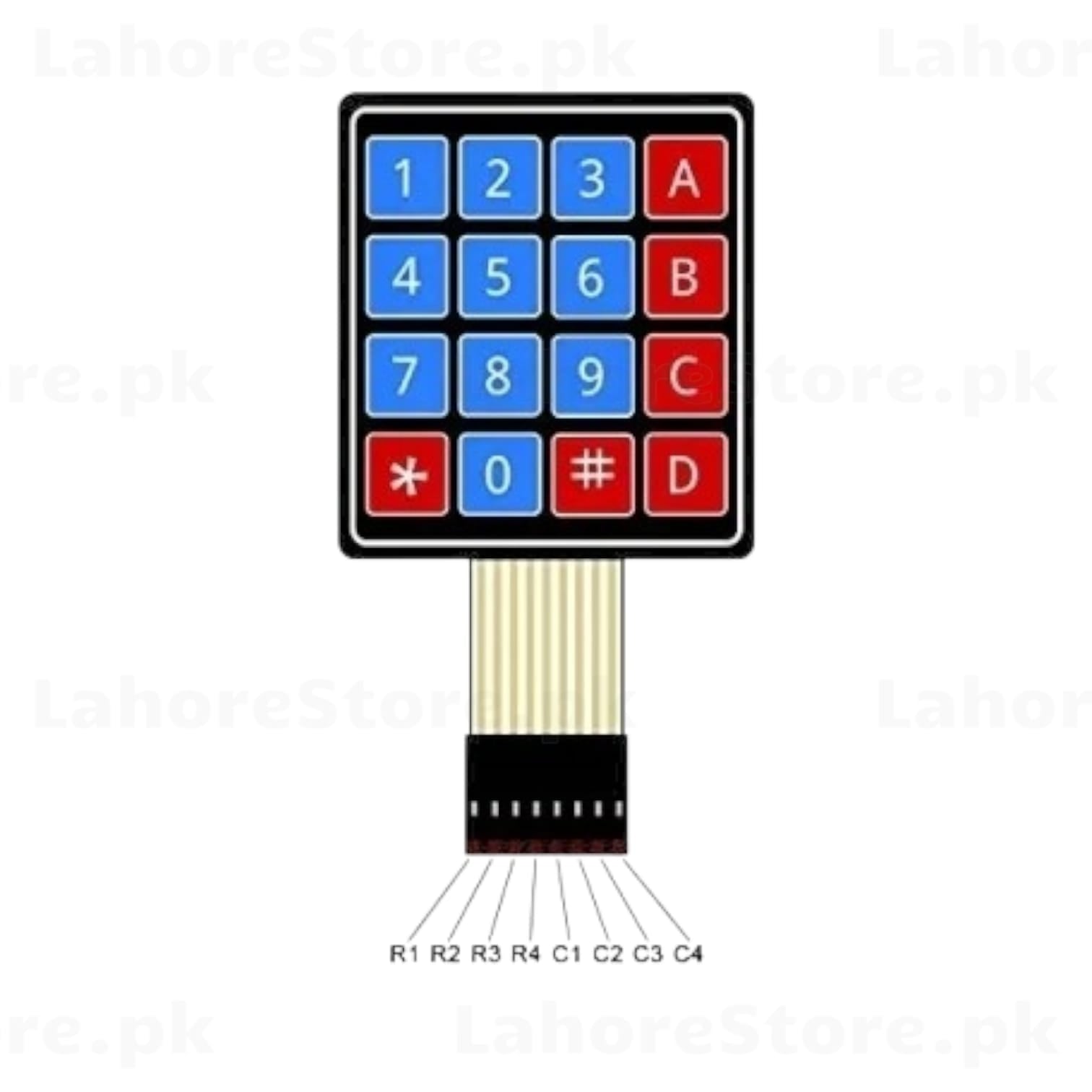 4x4 Membrane Keypad Matrix – front view with pin labels R1 R2 R3 R4 C1 C2 C3 C4