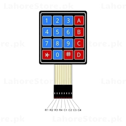 4x4 Membrane Keypad Matrix – front view with pin labels R1 R2 R3 R4 C1 C2 C3 C4