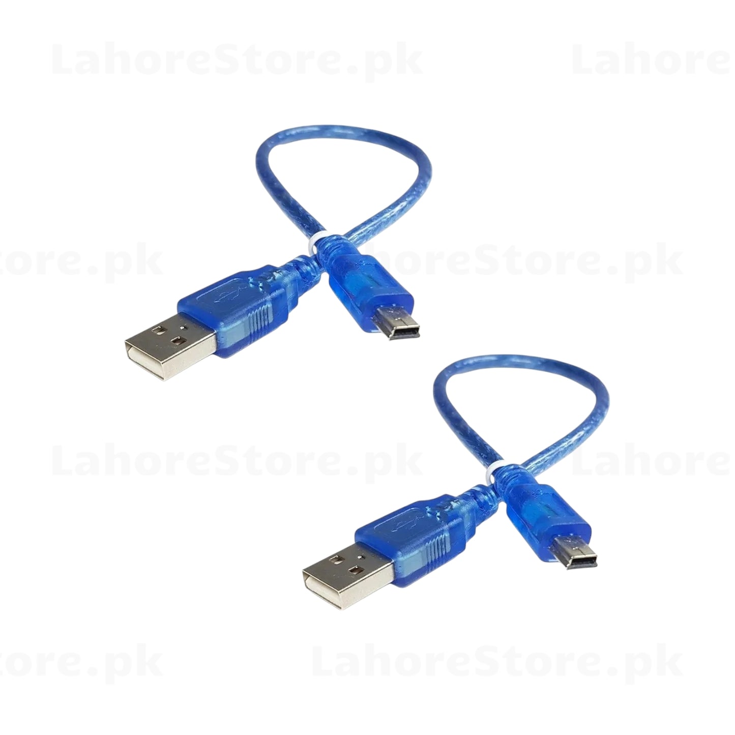 Arduino Nano microcontroller board connected to a blue Mini USB cable