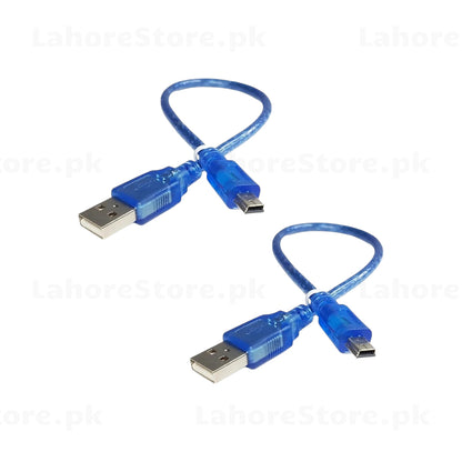 Arduino Nano microcontroller board connected to a blue Mini USB cable