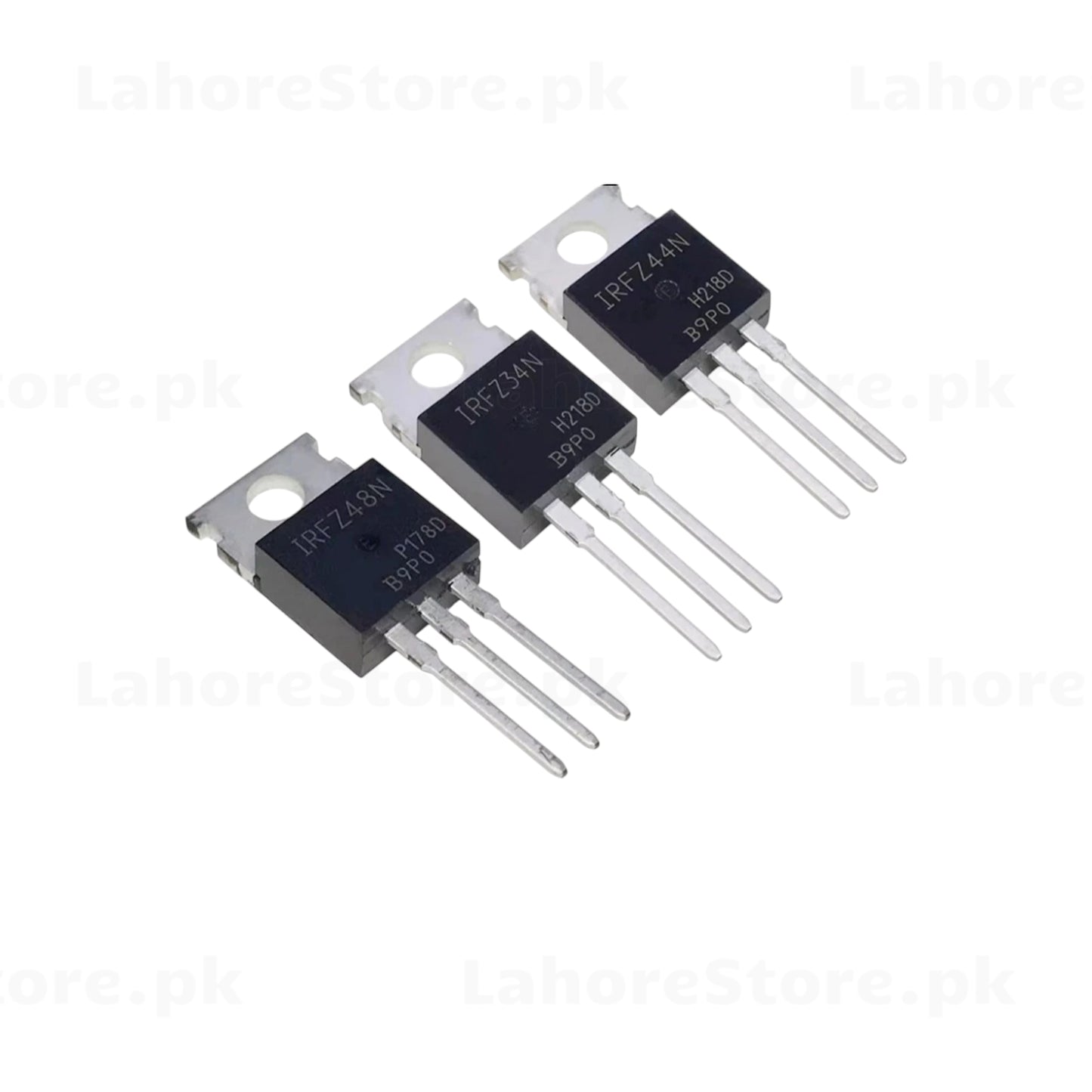 Three IRFZ44N N-Channel MOSFETs in TO-220 package showing part numbers IRFZ48N, IRFZ34N, and IRFZ44N