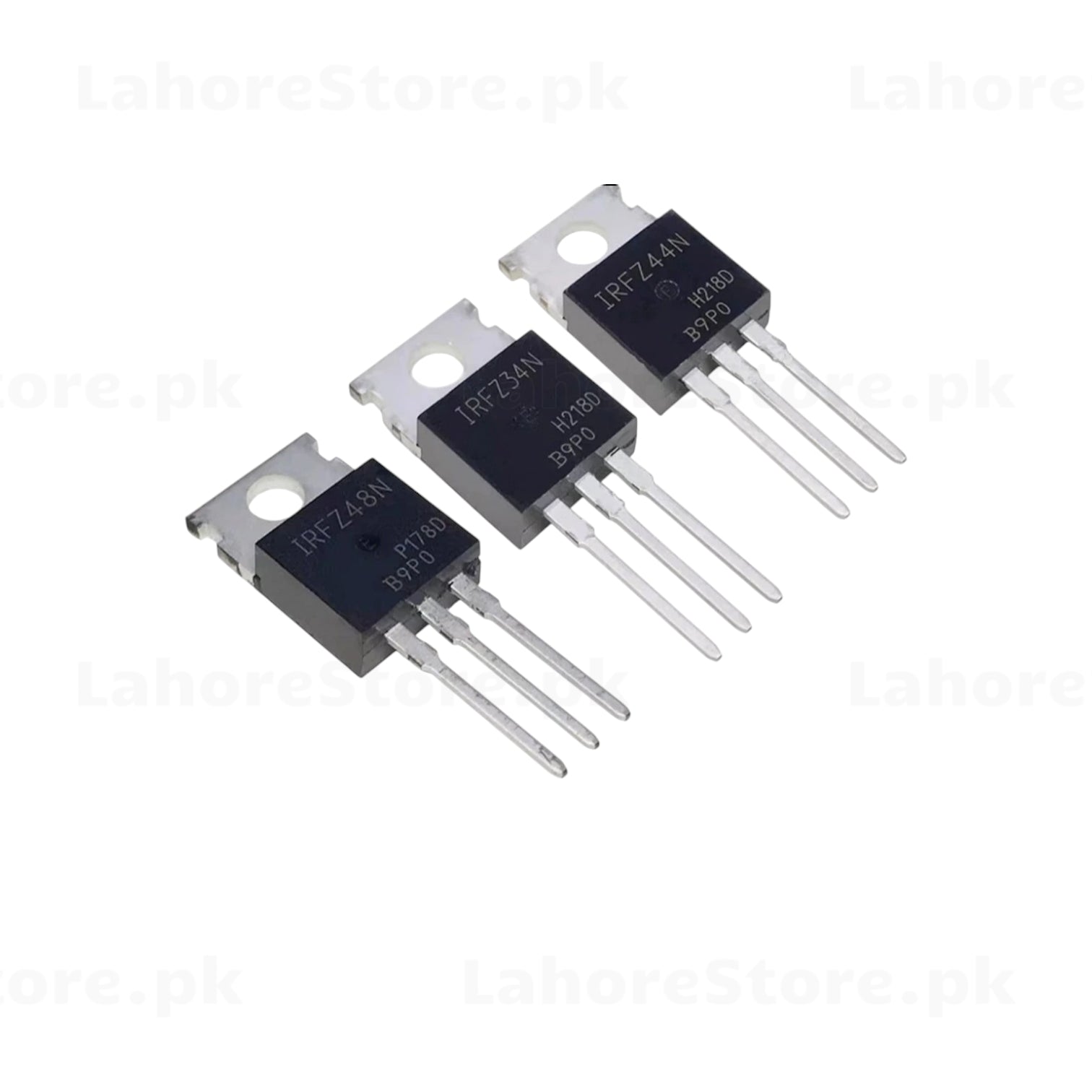 Three IRFZ44N N-Channel MOSFETs in TO-220 package showing part numbers IRFZ48N, IRFZ34N, and IRFZ44N