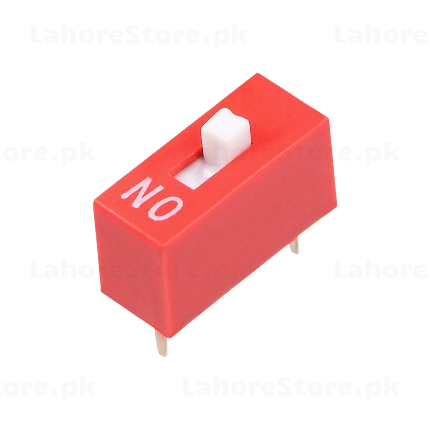 1-position DIP switch SPST red housing with white slide actuator showing ON label – top view