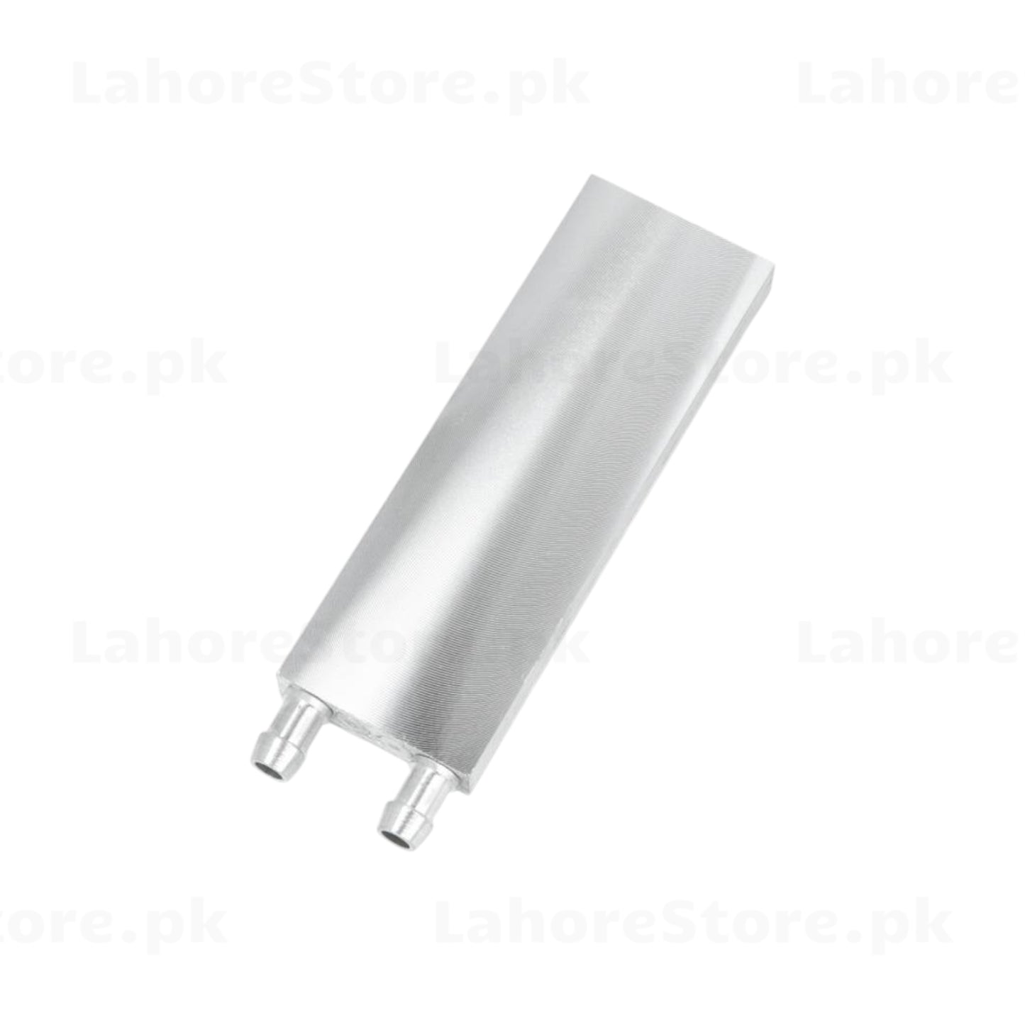 Aluminum water cooling block angled top view showing brushed finish and two barbed hose fittings