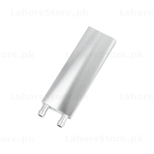 Aluminum water cooling block angled top view showing brushed finish and two barbed hose fittings