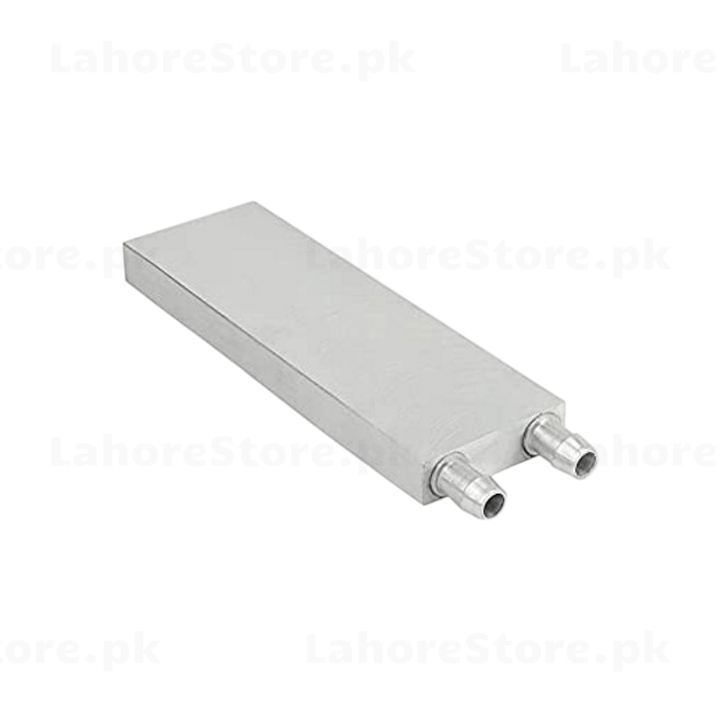 Aluminum water cooling block bottom angled view showing flat contact surface and hose fittings