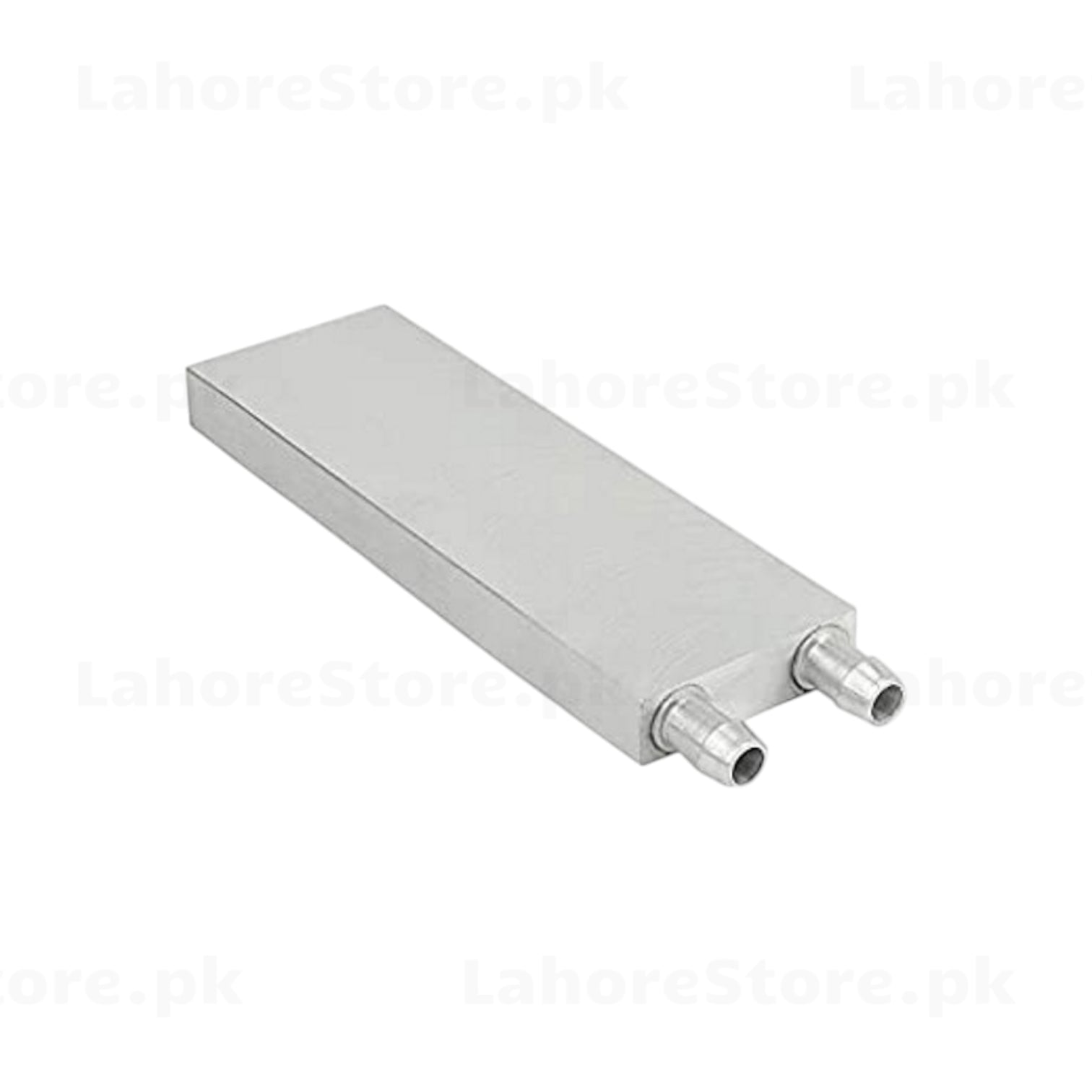 Aluminum water cooling block bottom angled view showing flat contact surface and hose fittings