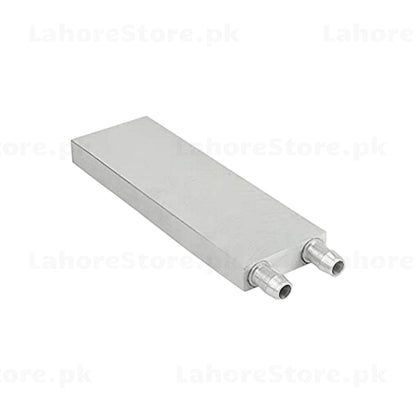 Aluminum water cooling block bottom angled view showing flat contact surface and hose fittings