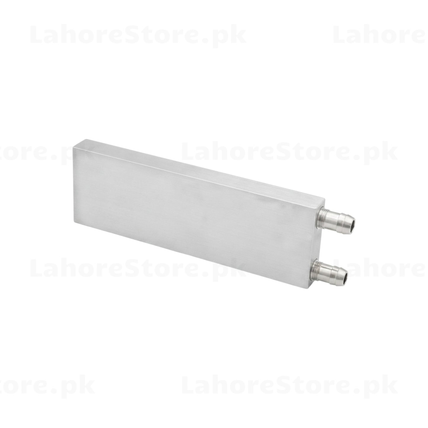 Aluminum water cooling block side view showing slim profile and two barbed hose connectors