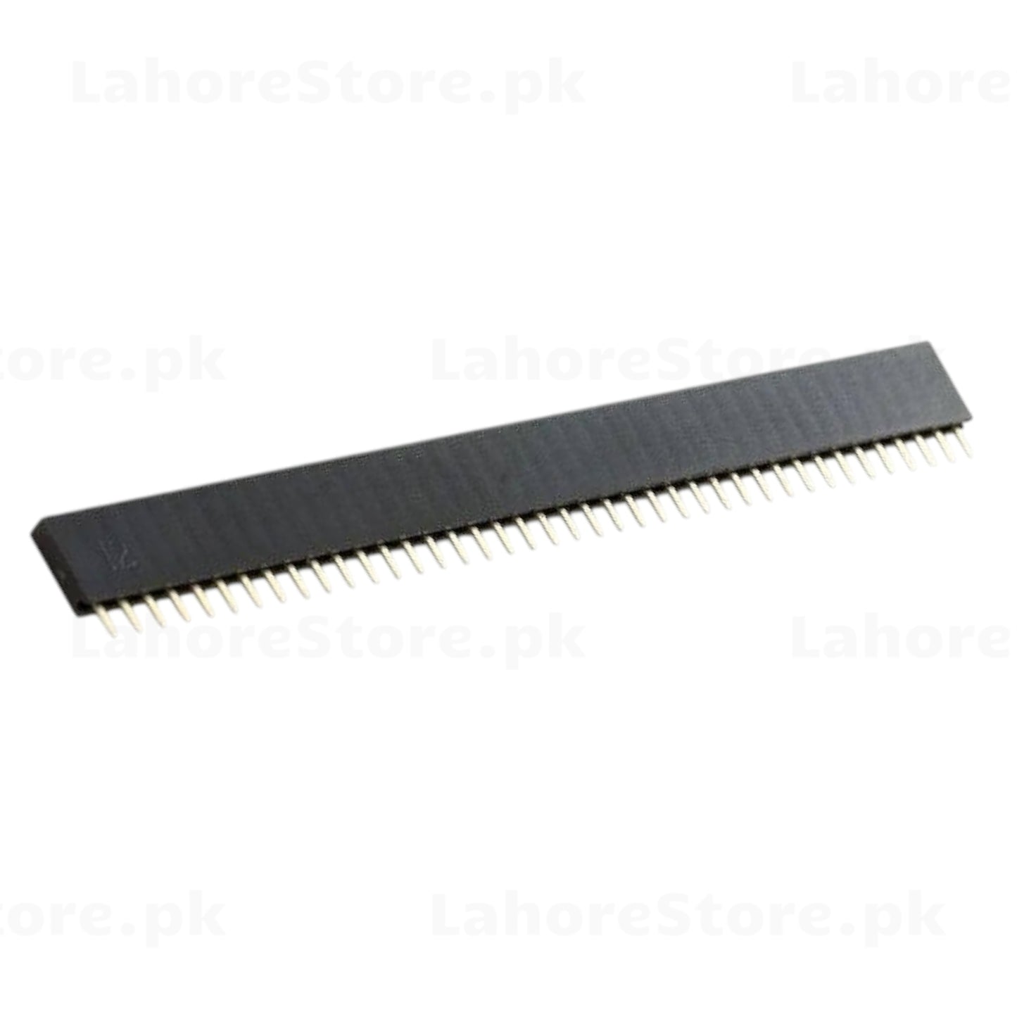 1x40 female pin header strip top angled view showing black housing and gold-plated pins