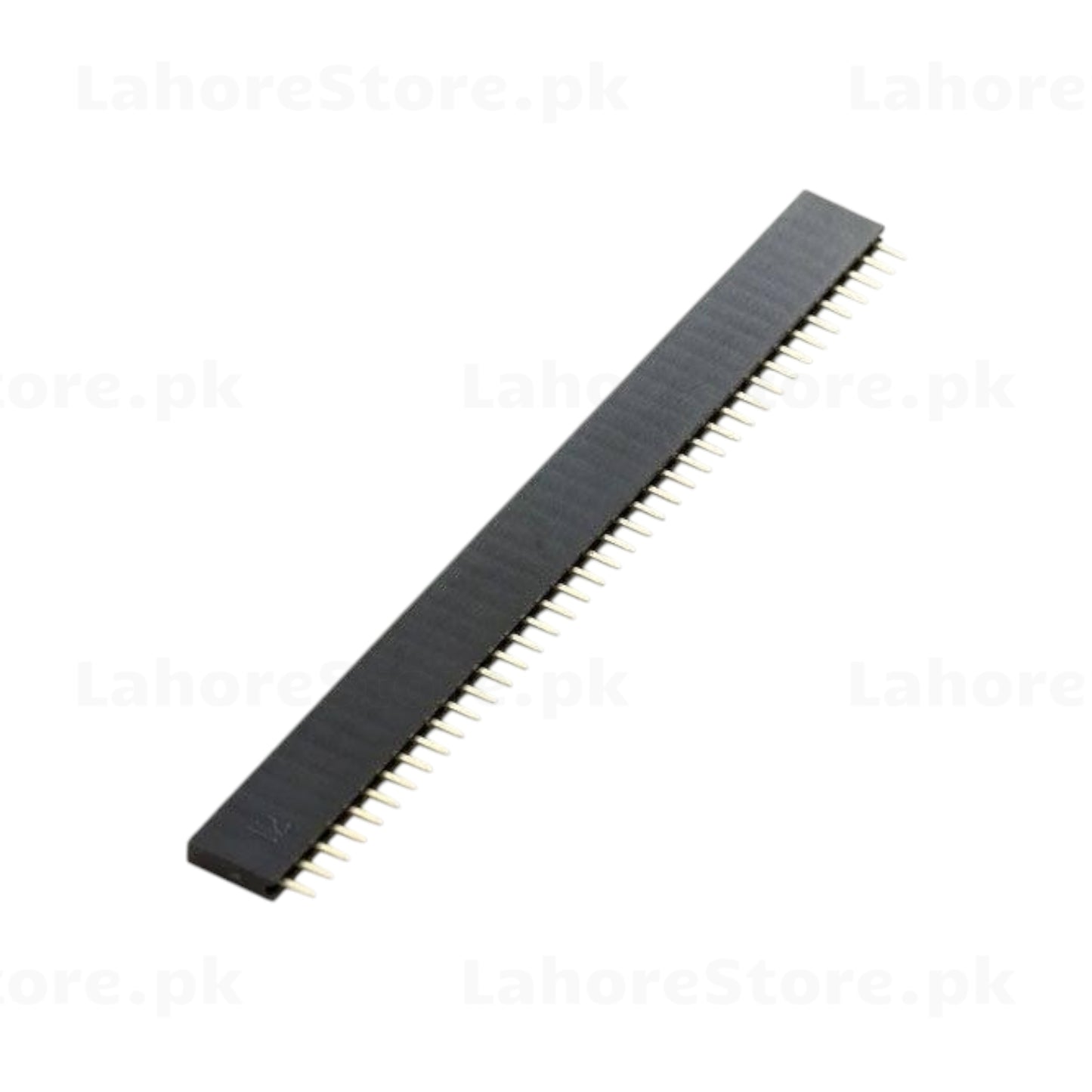 1x40 female pin header strip side angled view showing single row of 40 pins