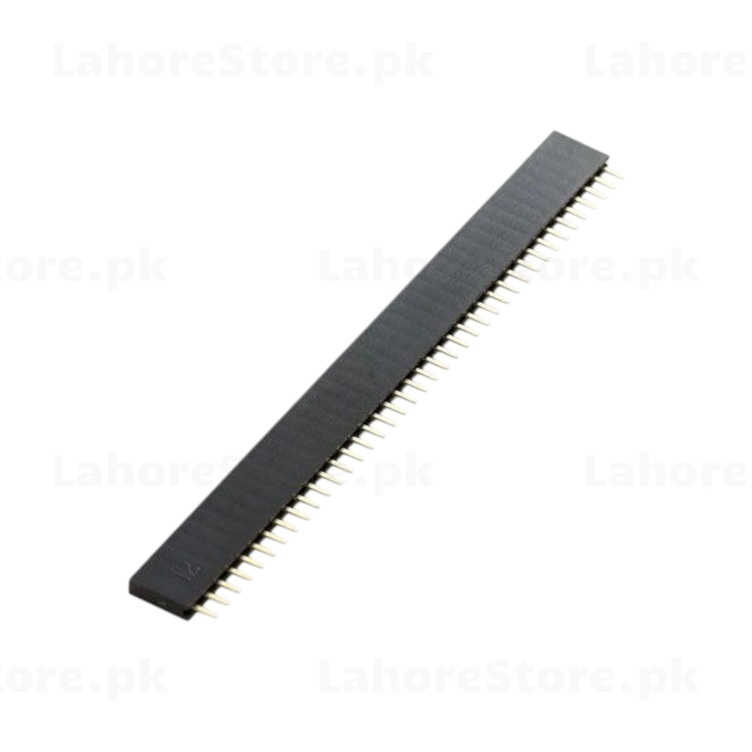 1x40 female pin header strip side angled view showing single row of 40 pins