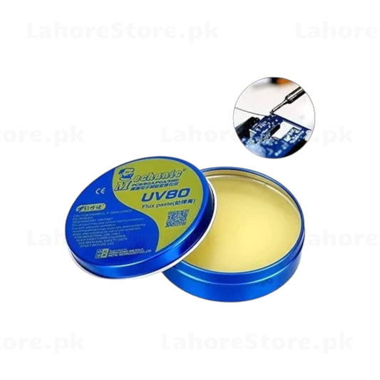 Mechanic UV80 flux paste blue tin open showing yellow rosin flux with soldering iron inset image