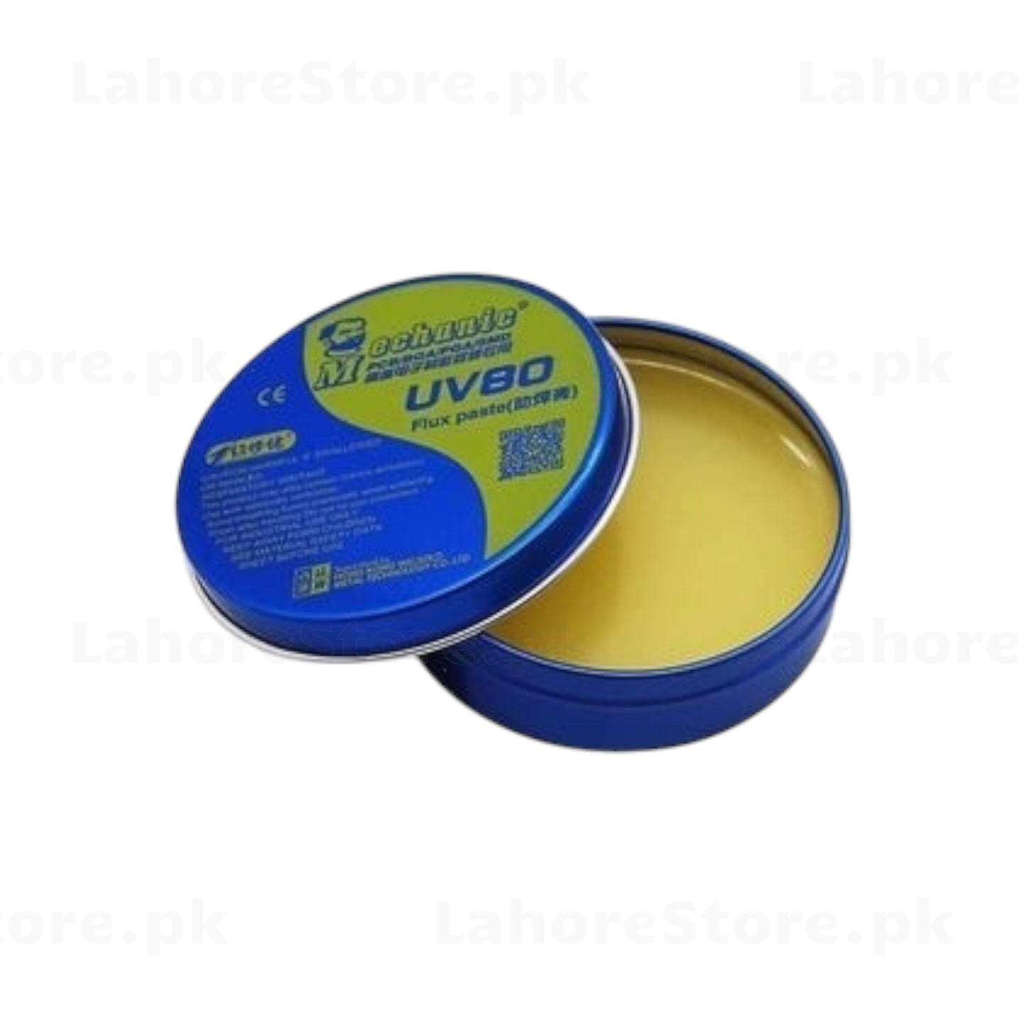 Mechanic UV80 flux paste blue aluminum tin open showing full view of yellow rosin flux paste