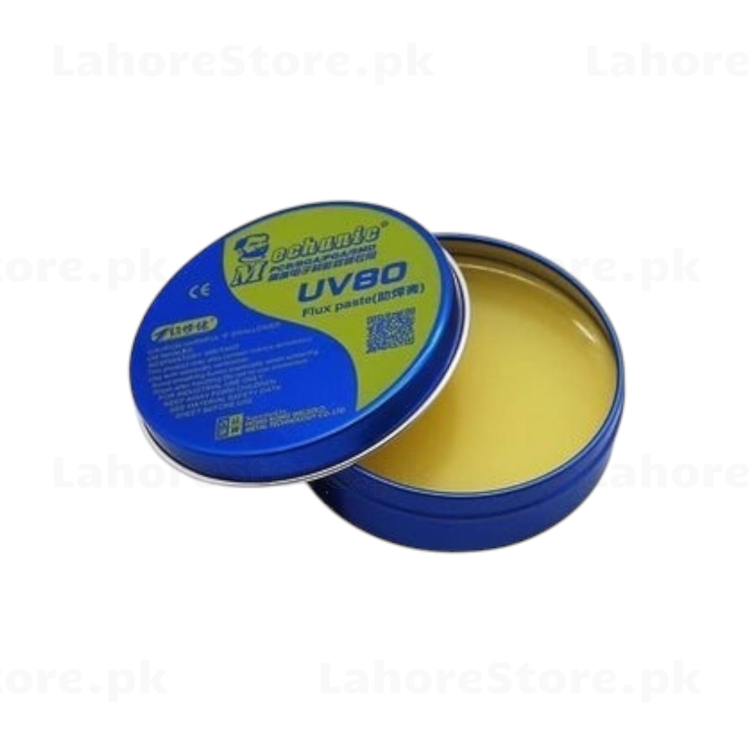 Mechanic UV80 flux paste blue aluminum tin open showing full view of yellow rosin flux paste