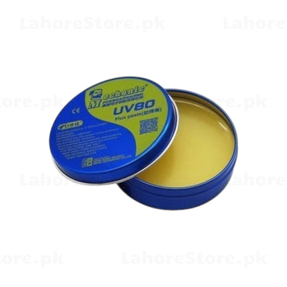 Mechanic UV80 flux paste blue aluminum tin open showing full view of yellow rosin flux paste
