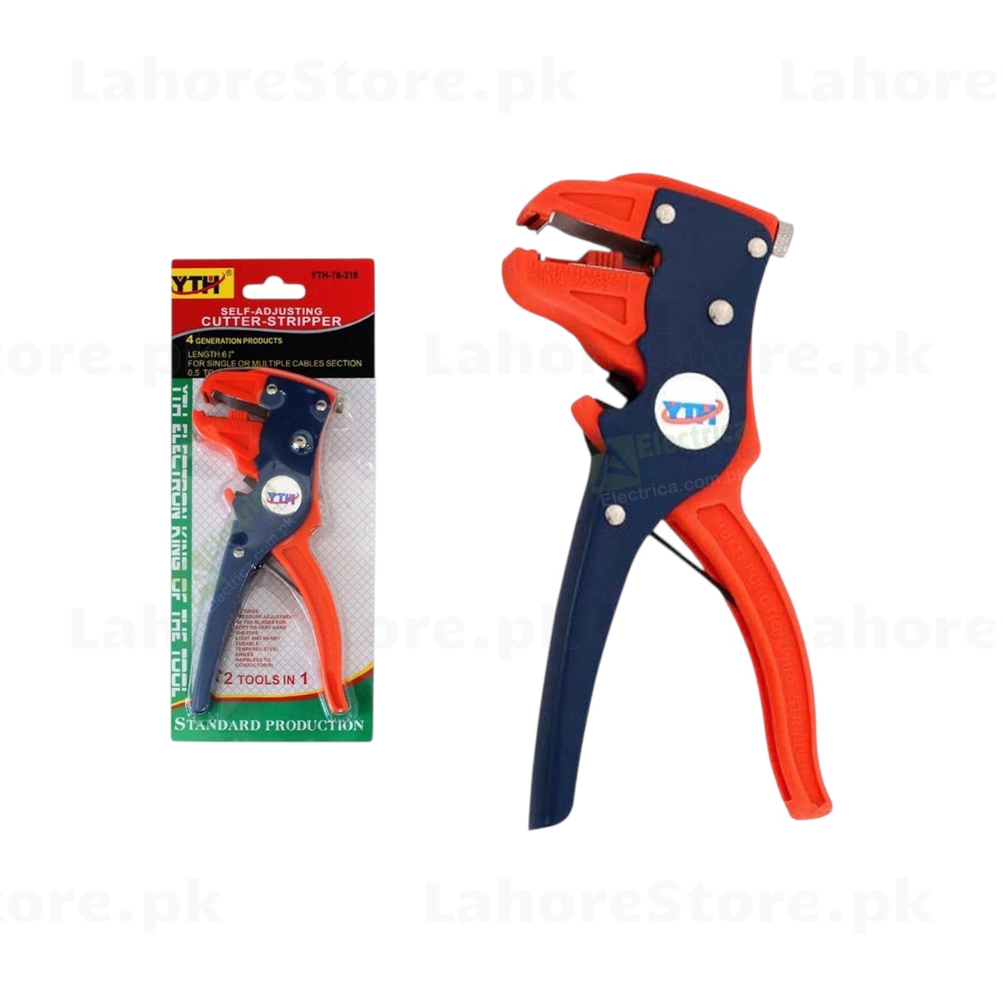 YTH-78-318 self-adjusting wire stripper and cutter shown with retail packaging – 2-in-1 tool