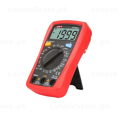 UNI-T UT33B+ digital multimeter angled view showing LCD display and built-in stand