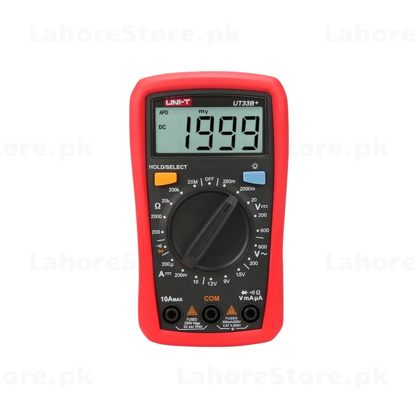 UNI-T UT33B+ digital multimeter front view showing 1999 count LCD display and rotary selector
