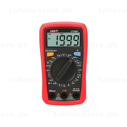 UNI-T UT33B+ digital multimeter front view showing 1999 count LCD display and rotary selector