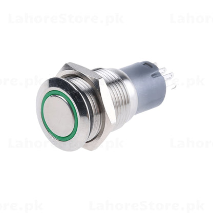 16mm metal push button switch with green LED ring – front view