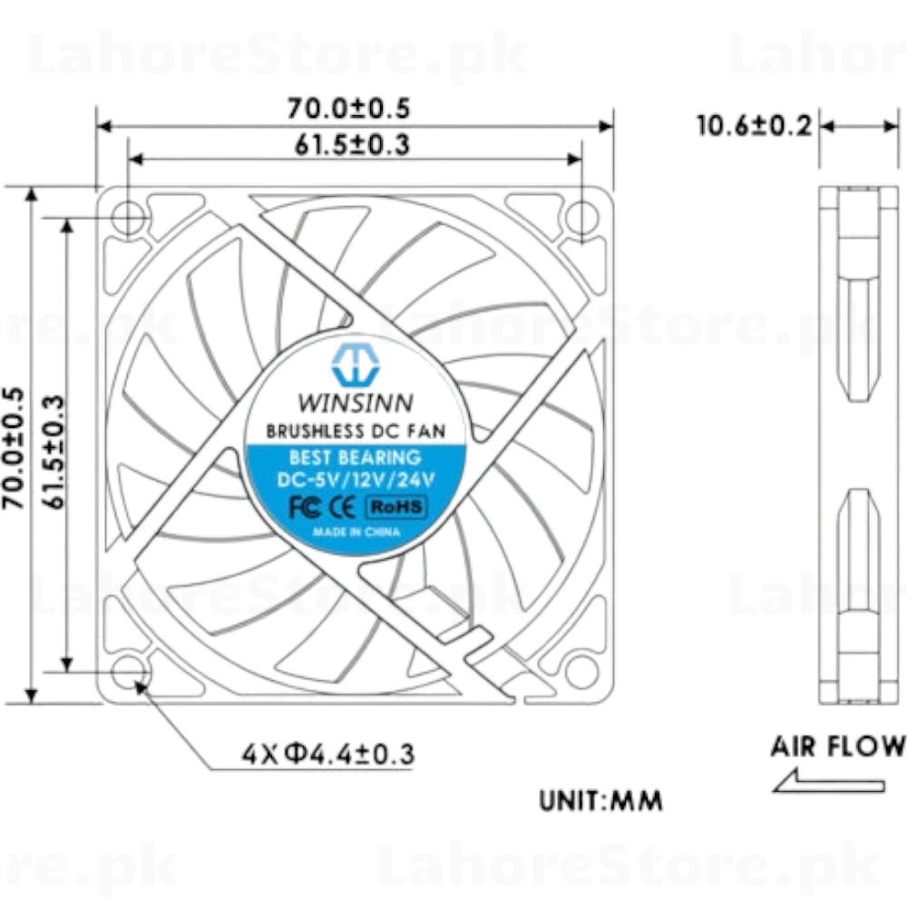 WINSINN 80mm fan dimensional drawing and specifications