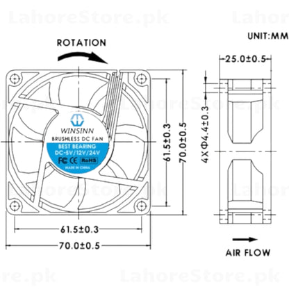 WINSINN 70mm fan dimensional drawing and specifications