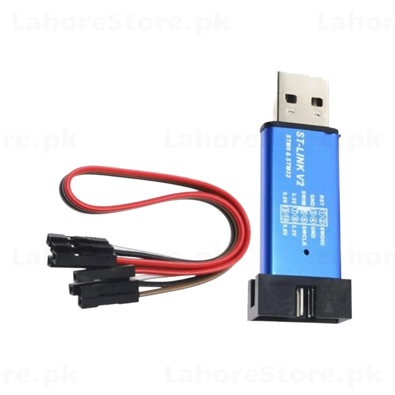ST-Link V2 blue aluminum enclosure with jumper cables