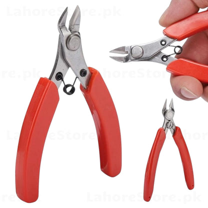 Mini diagonal cutting pliers with red handles – multiple views