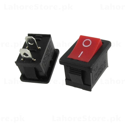 Mini red rocker switch SPDT front and back view showing 3-pin terminals
