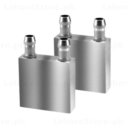 Aluminum water cooling block pair showing front and side views