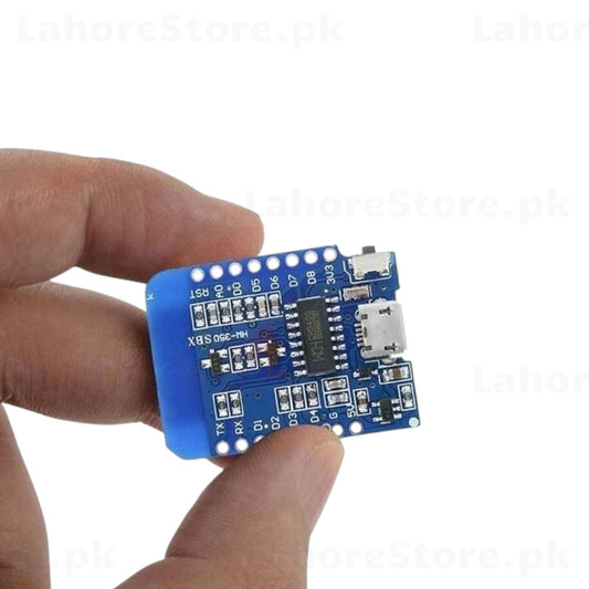 Wemos D1 Mini ESP8266 back side showing CH340 USB chip and Micro USB port