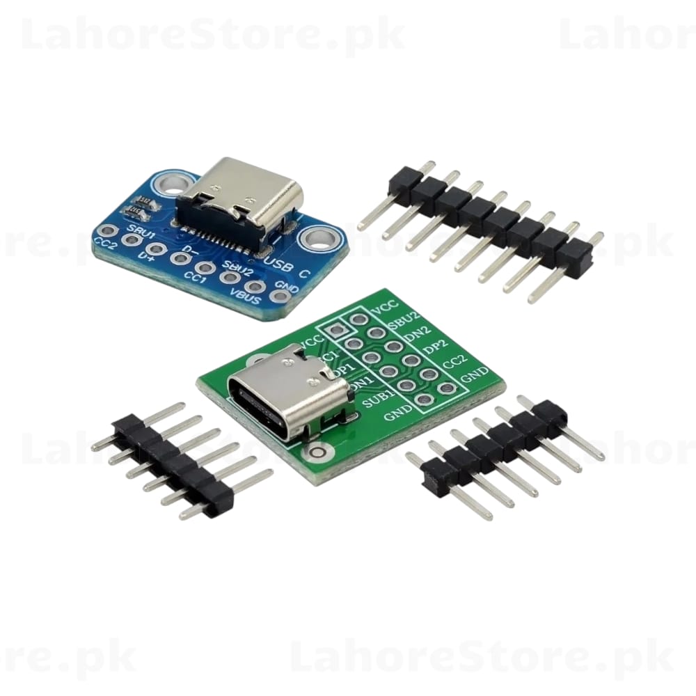 USB Type-C Female Breakout Board Blue and Green PCB with Header Pins